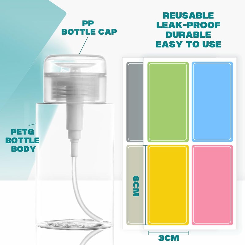 ETTSNU 3 Pack Push Down Pump Dispenser,Clear Push Top Empty Bottles with DIY Stickers for Alcohol,Nail Polish,Makeup Remover,Toner (200ml) - Image 2